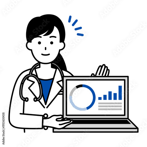 ノートパソコンの画面でグラフを見せる医師の女性