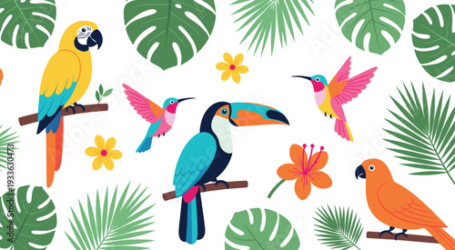 Colorful tropical birds and jungle leaves vector illustration set with toucan, parrot, macaw and hummingbird in flat cartoon style