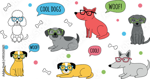 Cool Dogs with Glasses Cute Cartoon Puppies Vector Illustration Set