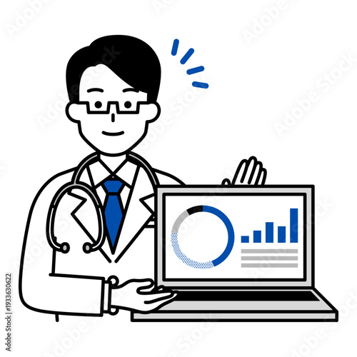 ノートパソコンの画面でグラフを見せる医師の男性