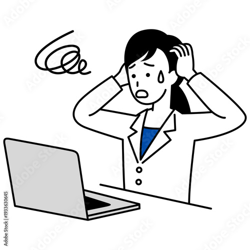 ノートパソコンでの仕事でトラブルになる医師の女性