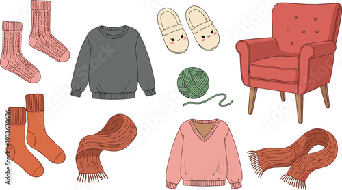 Cozy winter clothing and home essentials vector set with sweaters, socks, scarf, slippers and armchair illustration