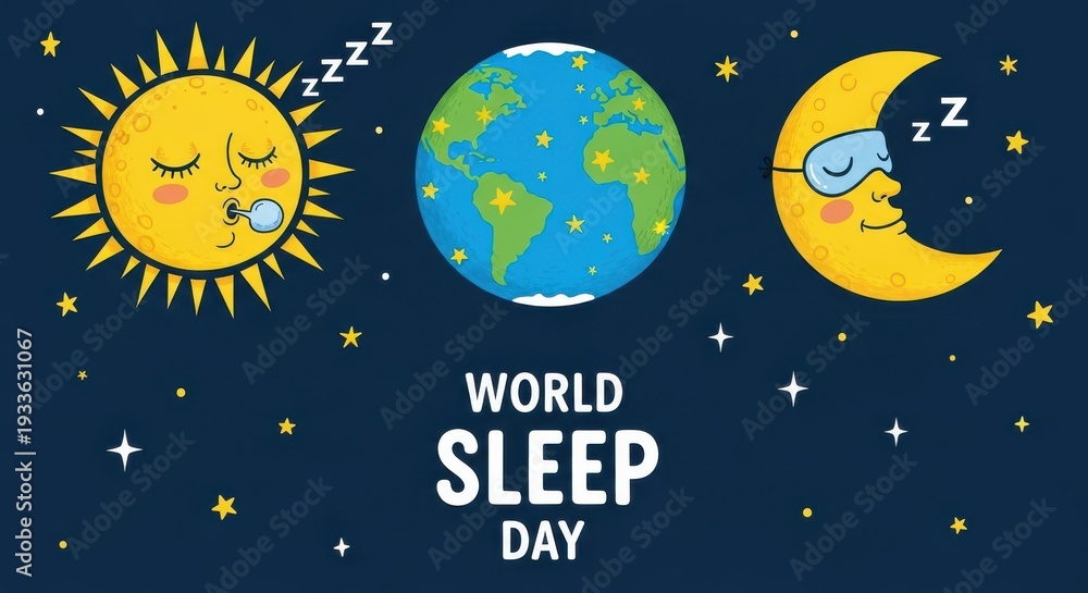 Fototapeta premium World sleep day illustration with sleeping sun, earth and moon in space
