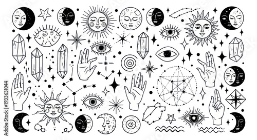 Mystical Celestial Elements Hand Drawn Doodle Set.