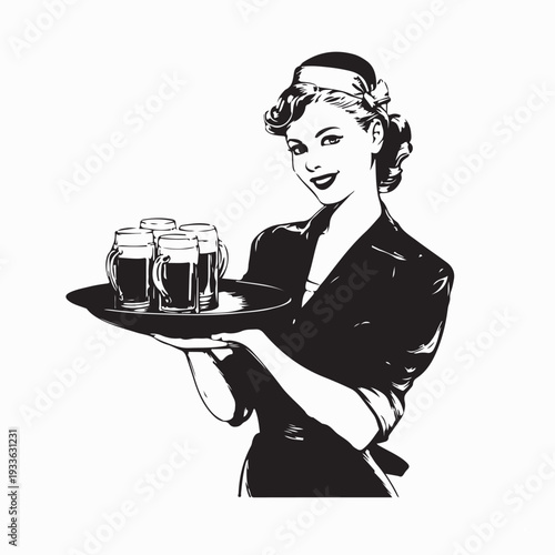 Waitress Serving Beer on Tray Logo Vector Illustration Design