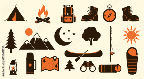 Outdoor Camping and Hiking Adventure Gear Collection.