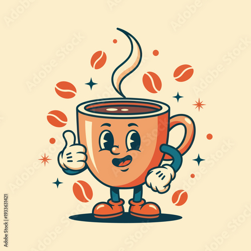 Retro Coffee Cup Character Giving Thumbs Up.