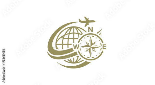 Global Travel and Exploration Compass Icon with Airplane.