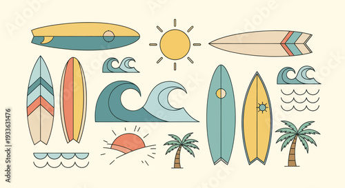 Retro Surfboard Collection with Tropical Elements and Ocean Waves.