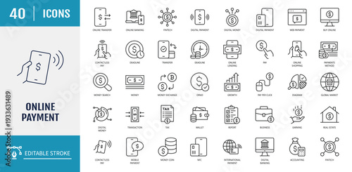 Online payment icon set. Outline Icon Set. Editable stroke with Vector illustration