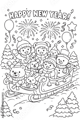 A cheerful Happy New Year vector concept showing many children riding a sled outdoors in snowy winter scenery.