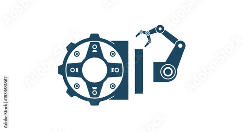 Industrial robot arm and gear symbolizing automation and technology.