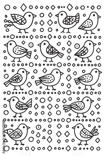 A cute simple vector background pattern filled with many birds in an ethnic inspired decorative style.