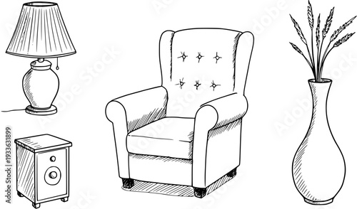 Cozy Sketch: Lamp, Chair, Nightstand  Vase Illustration