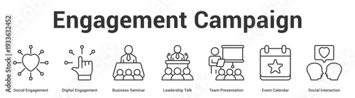 Engagement Campaign web banner icon set vector illustration concept for business with icon of Social Engagement, Digital Engagement, Business Seminar, Leadership Talk, Team Presentation, Event Calend.