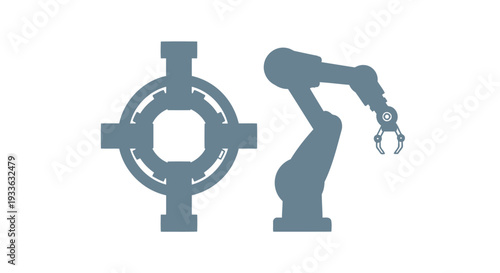 Industrial robot arm and mechanical component illustration.