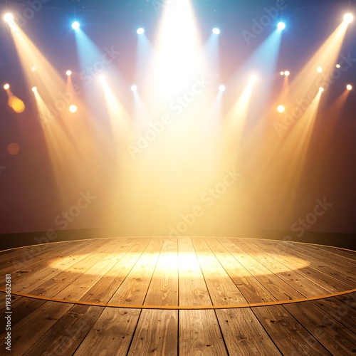 A wooden circular stage is brightly illuminated by multiple spotlights, creating a warm, golden glow. Dark background