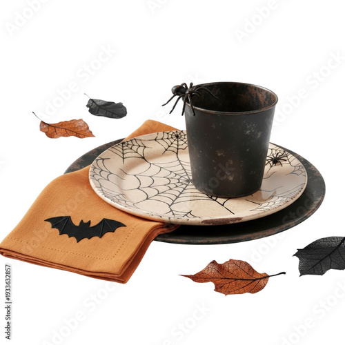 Halloween table setting with spider and bat