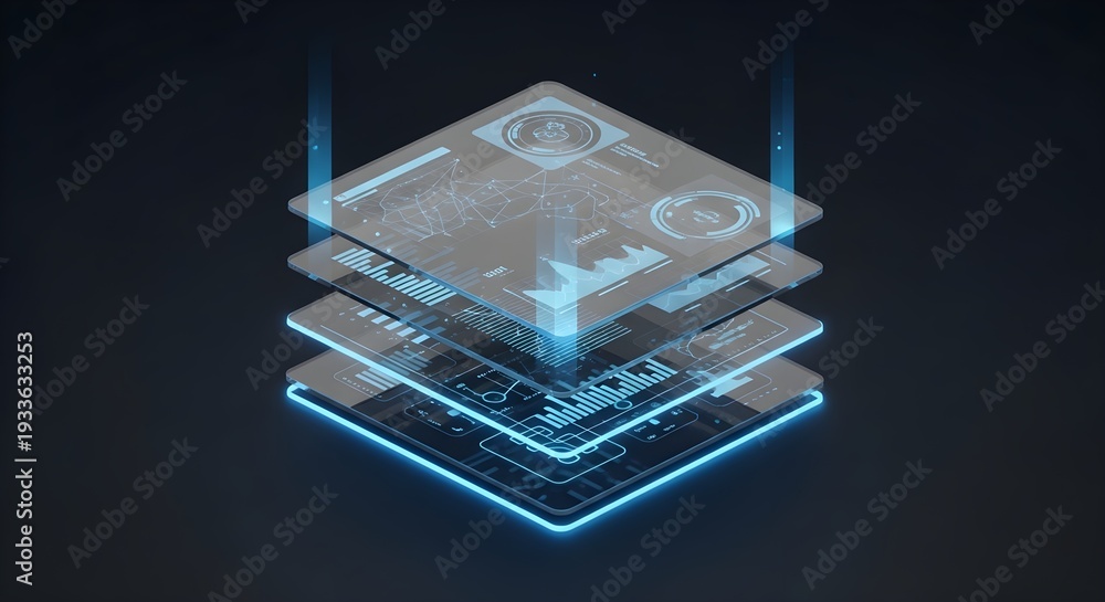 Fototapeta premium Isometric view of a stacked glass layer interface, holographic projection, UI UX design concept