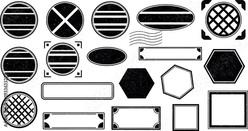 Vintage Frame and Badge Shape Icon Set with Grunge Texture in Circle, Oval, Rectangle, and Hexagon Styles for Retro Label Design
