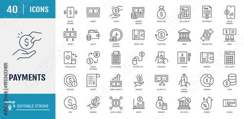 Payment icon set. Business and finance payment icons set. Includes money, banking, transaction, cash and more. Outline Icon Set. Vector illustration with Editable stroke