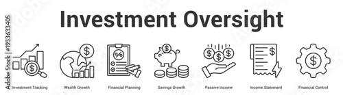 Investment Oversight web banner icon set vector illustration concept for business with icon of Investment Tracking, Wealth Growth, Financial Planning, Savings Growth, Passive Income, Income Stateme.