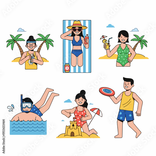 A collection of cheerful cartoon illustrations depicting various summer beach activities and people enjoying their tropical vacation, from sunbathing to snorkeling and playing.