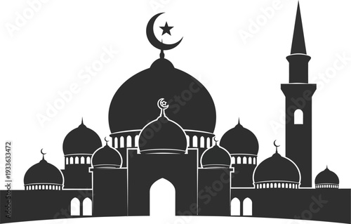 Silhouette of a large mosque featuring multiple domes and a tall minaret stands prominently against a stark white background for.