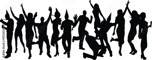 PrintSilhouette group of people celebrating party, dancing, jumping,