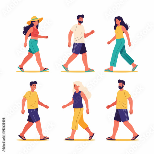 Diverse group of flat-design characters walking in casual summer attire and flip-flops, ideal for representing warm weather strolls and outdoor activities.