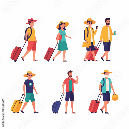 Diverse group of happy travelers and tourists with luggage, ready for summer vacations and adventures. Flat illustration.