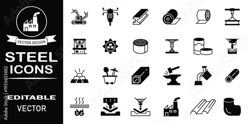 Set of steel solid icons. Vector illustration in modern style of steel icons related to metal bar, steel tube, pipe, blacksmith, bolt, and more. Flat, silhouette illustration.