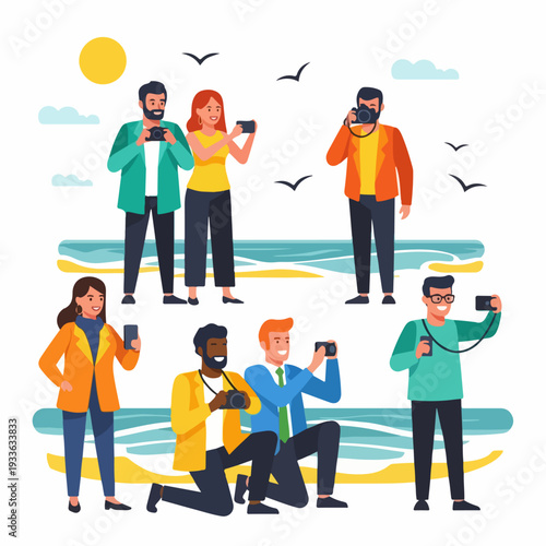 Diverse group of tourists and photographers capturing beach memories with cameras and smartphones on a sunny day vacation.