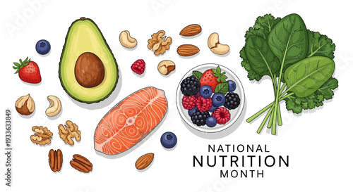Flat lay illustration of various healthy foods including fruits, nuts, and fish, celebrating National Nutrition Month with a bowl of mixed berries and leafy greens on a clean white