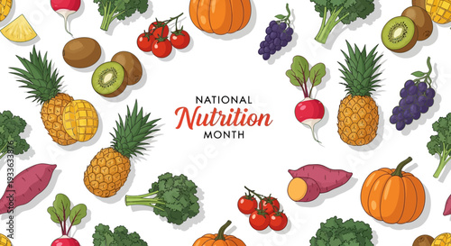 Vector illustration of various fruits and vegetables for National Nutrition Month with a colorful and healthy theme.