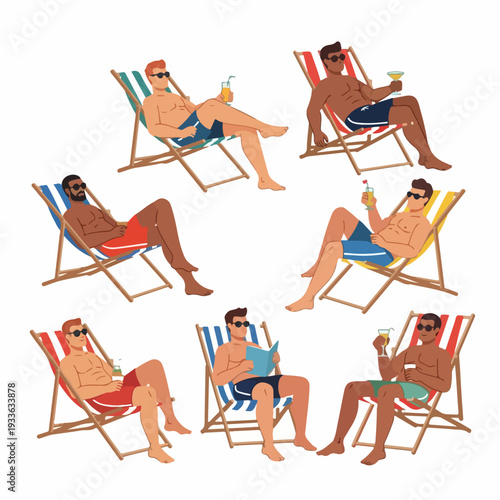 Diverse men enjoying summer leisure, relaxing in beach chairs with refreshing drinks and a book, perfect for holiday and relaxation themes.