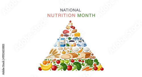 Pyramid illustration of various food groups for National Nutrition Month with colorful fruits, vegetables, grains, and other nutrients on a white background.