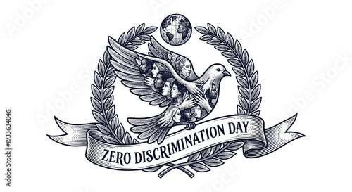 Dove and globe emblem surrounded by laurel wreath symbolizing zero discrimination day with ribbon banner
