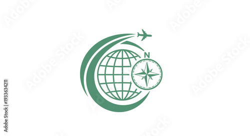 Global Travel and Navigation Compass with Airplane Icon.