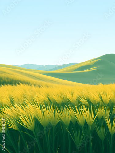 Low-poly vector illustration of a meadow wind sweep future state, meadow settling into smooth flowing angular grass patterns with