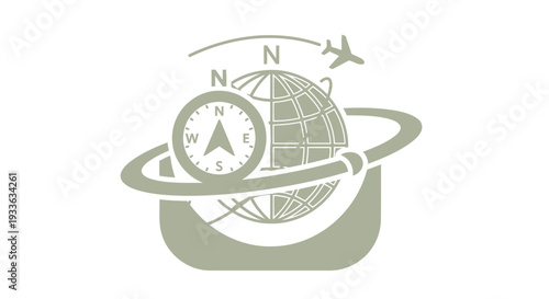 Global Travel and Navigation Compass with Airplane Icon.