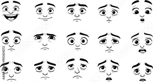 Cartoon Facial Expressions: Set of Diverse Emotions and Feelings in Hand-Drawn Style, Vector Illustration