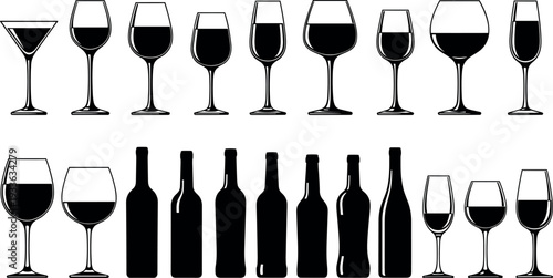 Wine Glass and Bottle Silhouette Icon Set with Red and White Wine Styles for Bar, Restaurant, and Beverage Branding Design