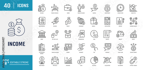 Income icon set. Includes earnings, money, tax, payment, accounting, paycheck, wages, and more. Outline Icon Set. Vector illustration with Editable stroke
