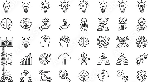 Artificial Intelligence and Innovation Icon Set with Brain, Lightbulb, AI Technology, Network, and Automation Symbols for Digital Business Design