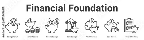 Financial Foundation web banner icon set vector illustration concept for business with icon of Savings Target, Money Reserve, Income Savings, Bank Savings, Wallet Savings, Coin Depos.