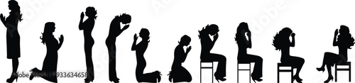 PrintSilhouette of woman in prayer postures, standing kneeling seated, spiritual devotion, contemplation, emotional reflection, religious symbolism illustration