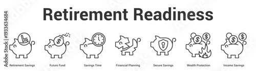Retirement Readiness web banner icon set vector illustration concept for business with icon of Retirement Savings, Future Fund, Savings Time, Financial Planning, Secure Savings, Wealth Protecti.
