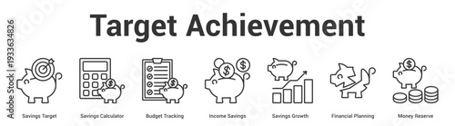Target Achievement web banner icon set vector illustration concept for business with icon of Savings Target, Savings Calculator, Budget Tracking, Income Savings, Savings Growth, Financial Planni.