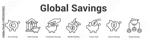 Global Savings web banner icon set vector illustration concept for business with icon of Euro Savings, Bank Savings, Investment Savings, Wealth Building, Future Fund, Secure Savin.